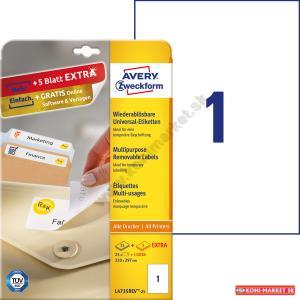 Etikety univerzálne odnímateľné 210x297mm Avery A4 25+5 hárkov