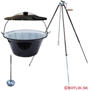 Smaltovaný kotlík 30 L (1,2 mm) + drôtený kôš + stojan s kladkou VAR (Smaltovaný kotlík 30 L (1,2 mm) + drôtený kôš 18 L + teleskopický stojan s kladkou VAR)