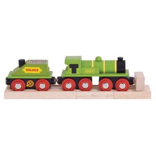 Bigjigs Rail - Zelená lokomotiva s tendrem + 3 koleje