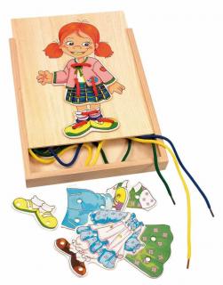 Dřevěné hračky Woody - Puzzle Šněrovací šatní skříň Holčička