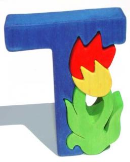 Dřevěné vkládací puzzle z masivu- Abeceda písmenko T tulipán