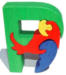 Dřevěné vkládací puzzle z masivu- Abeceda písmeno P papoušek