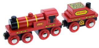 Vláček Bigjigs - Červená lokomotiva s tendrem + 3 koleje