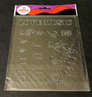 3D plastová šablóna love music 14x20mm, 1ks (plastová priehľadná, dá sa ohýbať)