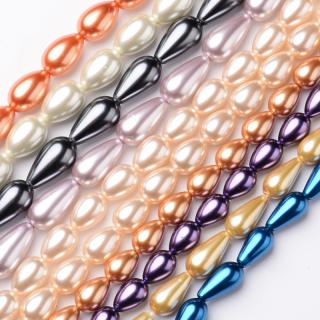 Kvalitné voskované perly 50g sklenené, 11-18x8-10mm farebný MIX NEW kvapky (otvor 1mm)