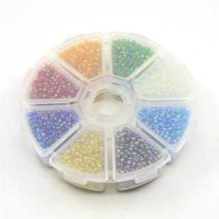 Rokajl sklenený MIX farieb 3mm cca 135g + plastový box, SET 4 (otvor: 0,8mm, cca 3600ks perličiek)