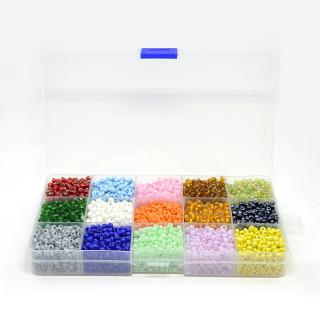 Rokajl sklenený MIX farieb 4mm, cca 400g (5850ks) + plastový box 15 farieb (otvor: 1mm)