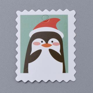 Tagy, štítky vianočné farebné z jednej strany 10ks v balíku, tučniak (predpripravená dierka na šnúrku)