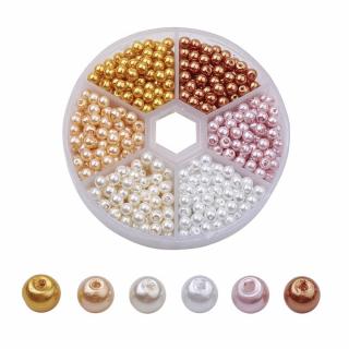 Voskované perly 810ks sklenené 4mm MIX farieb + plastový box (6 farieb, 810ks perličiek v celom boxe, otvor 1mm )
