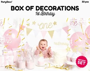 Narodeninové dekorácie pre 1. narodeniny sada ružová a zlatá (Krabica s dekoráciami na prvé narodeniny - transparent, girlanda, topper na tortu, slamky, balóniky, stuhy a ozdoby na koláčiky. Vďaka tejto súprave bude každá oslava vyzerať ako z iného sveta!