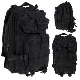 Taktický vojenský turistický batoh 25L čierny (Praktický taktický batoh, ktorý sa osvedčí aj na tých najdlhších a najnáročnejších expedíciách. Farba: čierna. Materiál: polyester. Objem: 25 l. Rozmery: 45x22,5x21,5 cm.)