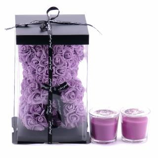 Darčekový set macko fialový z ruží a dekoračné sviečky