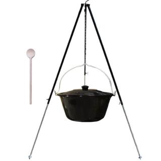 Perfect Cauldron kotlík na guláš smalt 30 l, Perfect Cauldron pokrievka smalt 49 cm, Perfect Cauldron teleskopická trojnožka 1,2 m - 1,7 m na kotlíky a panvice, Perfect Cauldron varecha drevo SMREK