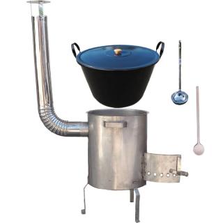 Perfect Cauldron kotol na guláš a zabíjačku smalt 70 L (1,2 mm), STRONG EXCLUSIVE kotlina 53 cm nerez 1,5 mm, Perfect Cauldron pokrievka 57 cm SMALT, vareška 50 cm SMREK, naberačka INOX