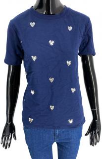 Dámske tričko s krátkym rukávom, ETAM, tmavo modrej farby ozdobené flitrovými srdiečkami Veľkosť XS-XXL: XS