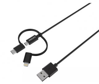 Philips DLC3106T/03 Nabíjací kábel 3 v 1 – Lightning USB kábel, Micro-USB, USB-C – Kompatibilný so Samsung a iPhone – 2 metre – Čierna