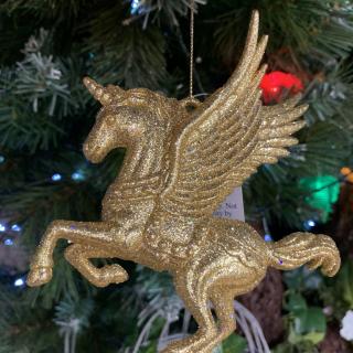 Vianočná trblietavá ozdoba - jednorožec, 14cm Farba: Zlatá