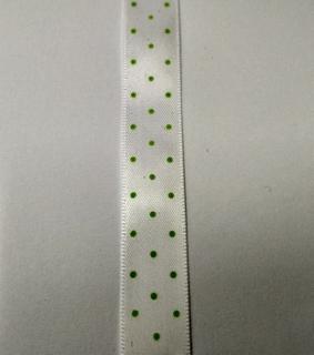 Luxusní saténová stuha, bílá-zelený puntík