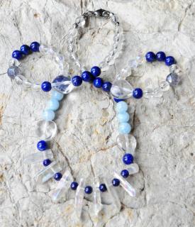 Lapis lazuli, aqua aura, akvamarín náhrdelník (kovodiely z chirurgickej ocele)