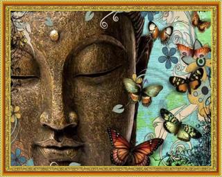 Diamantové maľovanie - Budha s motýľmi  Vrátane predtlačeného ozdobného rámu