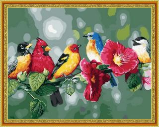 Diamantové maľovanie - Farebné vtáčiky  Vrátane predtlačeného ozdobného rámu