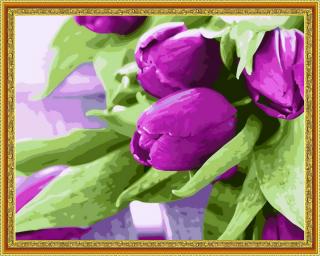 Diamantové maľovanie - Fialové tulipány  Vrátane predtlačeného ozdobného rámu