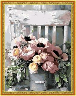 Diamantové maľovanie - Kvety na stoličke  Vrátane predtlačeného ozdobného rámu