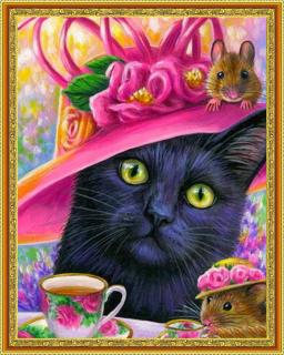 Diamantové maľovanie - Mačka s klobúčikom  Vrátane predtlačeného ozdobného rámu