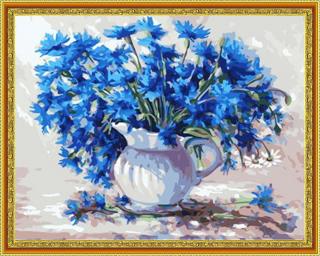 Diamantové maľovanie - Modré kvety nevädze  Vrátane predtlačeného ozdobného rámu