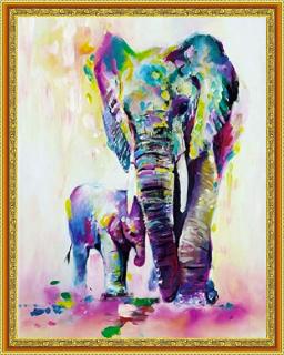 Diamantové maľovanie - Slon a sloník  Vrátane predtlačeného ozdobného rámu