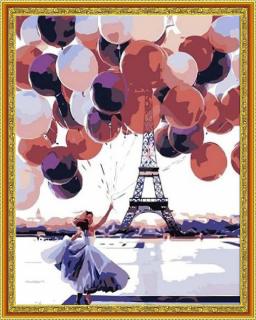 Diamantové maľovanie - Žena s balónikmi pri Eiffelovke  Vrátane predtlačeného ozdobného rámu