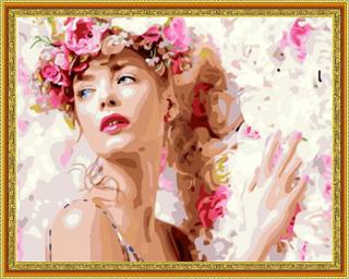 Diamantové maľovanie - Žena s kvetinovou čelenkou  Vrátane predtlačeného ozdobného rámu