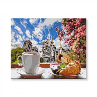 Maľovanie podľa čísel - Káva s croissantom na pozadí katedrály
