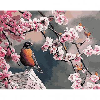 Maľovanie podľa čísel - Vták medzi jarnými kvetmi