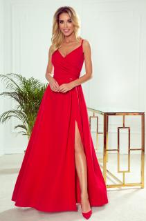 CHIARA elegantné maxi šaty na ramienka - ČERVENÉ -299-1 Veľkosť: L, Farba: Červená