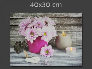 2 LED osvetlený nástenný obraz ružový kvet + sviečka 40x30cm