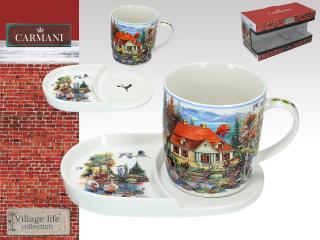 Raňajková porcelánová tácka s hrnčekom 300ml - anglický vidiek &quot;Dom nad rybníkom