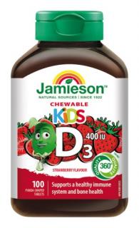 Jamieson Vitamín D3 Kids 400 IU tablety na cmúľanie s príchuťou jahody pre deti 100tbl. (Jamieson – kanadské prírodné vitamíny)