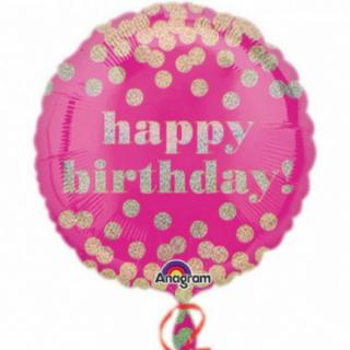 BALÓNEK fóliový kulatý Happy Birthday růžový s puntíky