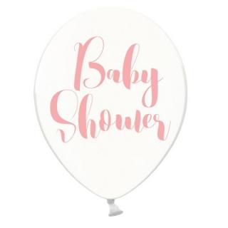 BALÓNKY krystalové bílé s růžovým nápisem Baby Shower 30cm 6ks