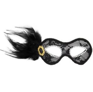Krajková maska černá s peřím luxusní