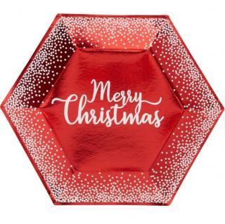 TALÍŘE Merry Christmas červené s bílými puntíčky šestihranné 27cm 8ks