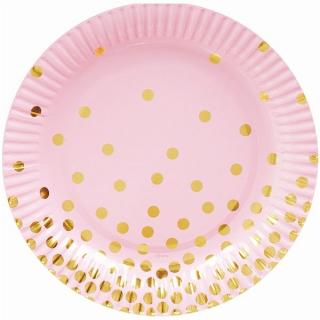 TALÍŘE papírové růžové se zlatými puntíky 6ks