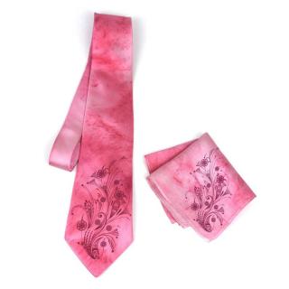 Hodvábna kravata + vreckovka - Prírodný ľudový motív v ružovej farbe 100% hodváb