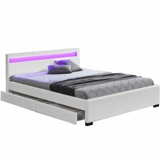 Manželská posteľ 160, RGB LED osvetlenie, biela ekokoža