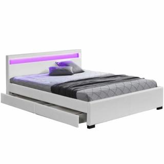 Manželská posteľ 180, RGB LED osvetlenie, biela ekokoža