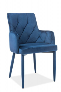 Moderná jedálenská stolička s podrúčkami v zamatovej látke, modrá