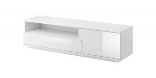 Moderný RTV stolík 1S1D,  biely mat-biely vysoký lesk