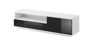 Moderný RTV stolík 1S1D, biely mat-čierny vysoký lesk