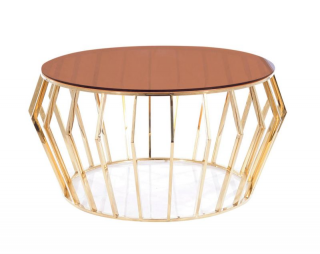 Okrúhly elegantný konferenčný stolík, zlatá/jantárové sklo